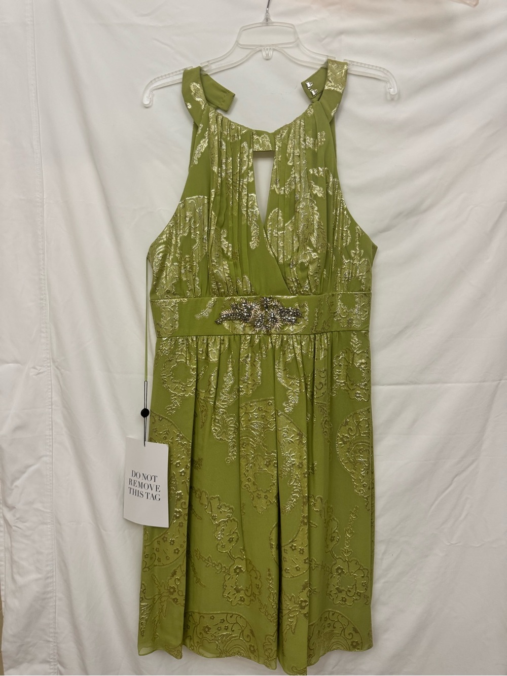 Kay Unger Sage Metallic Silk Halter Cocktail Dress Embellished Dress
